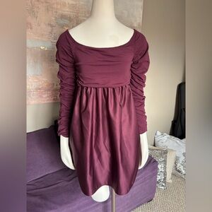 Burgundy‎ Mini Dress Ruched Long Sleeves Scoop Neck Cocktail Party